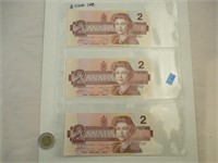 3 Billets 2 Dollars Canada 1986 consécutifs UNC