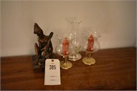 2 candle holders 1 vase and copper figurine