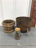 Cast iron small pot, old nails, small wood bucket