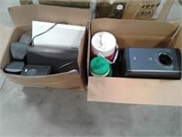 2 boxes--speakers, dvd/vcr players, thermoses