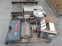 Pallet-- old power saws, metal trays, small yard