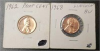 1962 Proof Cent & 1968 BU Lincoln