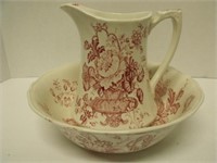 Alfred Meakin Red Transferware Pitcher and Bowl