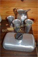 Metal Foot warmer and metal pitcher and glasses