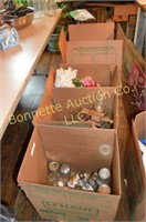 4 boxes misc, vases, flowers, jars, cups, baskets