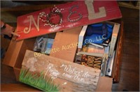 2 boxes, books, paint, signs