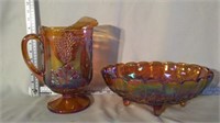 Carnival Glass Pitcher And Footed Fruit Bowl