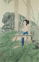 Chinese Watercolor Beauty Silk Scroll Artist Seals