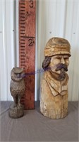 Wood carving of man & owl