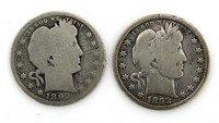 (2) 1892-S Barber Silver Quarters