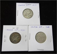 3 pcs RCM .25c Silver Coins 2x 1951 - 1 x 1968