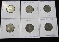 6 pcs 1949/51/55/56/61/62 CAD .05c