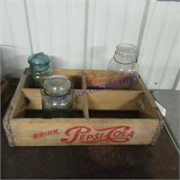 Pepsi- cola wood crate w/ 3 glass jars w/ bails