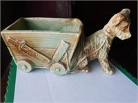 Glazed ceramic planter, dog with cart