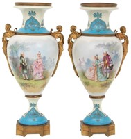 Pr. Bronze Mounted Sevres Porcelain Urns