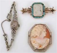 14K Gold Watch, Pin and Cameo Brooch