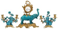 3 Pcs. Porcelain & Bronze Figural Clock Set