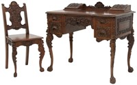 Carved Walnut Desk and Chair
