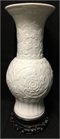 Oriental White Porcelain Vase On Wooden Base