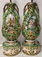 Pair Of Porcelain Scenic Parlor Lamps
