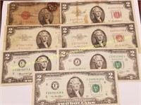 LOT OF 7 $2 BILLS SOME RED SEALS