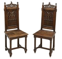 (2) FRENCH GOTHIC STYLE TRACERY CARVED HALL CHAIRS