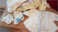 ASSORTMENT OF VINTAGE BABY CLOTHES + BLANKETS