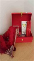 FEATHER FAN + RED DRESSER BOX + CONTENTS