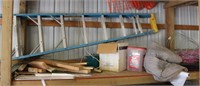 shelf with pump, ladder, shingles, Stihl brush