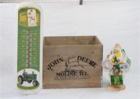 John Deere stenciled box, mugs and misc.