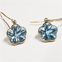 $1200 14 KT Gold Flower Shaped Blue Topaz Earrings