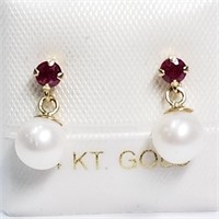 $300 14 KT Gold Pearl and Ruby Earrings