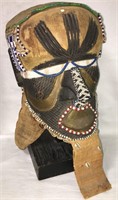 African Carved Head Bust With Shells And Beadwork