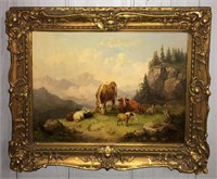 Oil On Canvas Mountain Landscape With Cows & Sheep