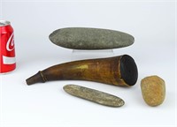 Native American Stone Tools & Powder Horn Lot