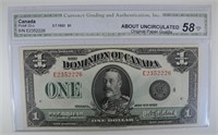 1923 $1 CANADIAN BANK NOTE CGA AU OPQ