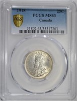 1918 SILVER 25 CENTS CANADA PCGS MS63 GOLD SHIELD