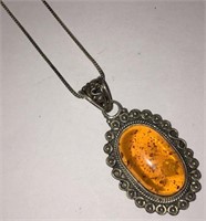 Sterling Silver & Amber Pendant Necklace