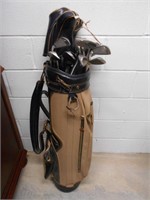 Tan golf bag and clubs