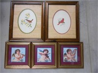 2 needlepoint in frames & 3 cherubs prints