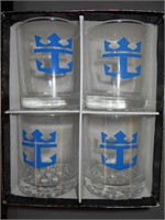 4 glass bourbon glasses. clear with blue logo.