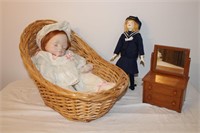 Doll in wicker basket , SS Nisbet 12" doll and