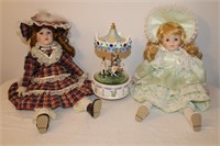 Music box and 2 Porcelain musical dolls