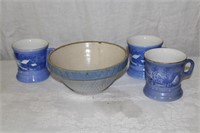 3 Currier & Ives mugs and early pottery 7" bowl