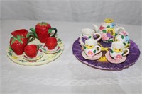 2 miniature tea sets strawberries and pansies