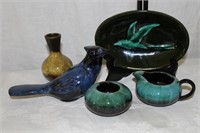 Blue Mountain pottery bird, vase, oval bowl, cream