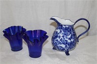 Blue and white footed 7" jug and 2 ruffled cobalt