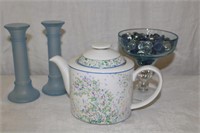 Wild Flower teapot, pair of frosted 7" candle