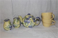 Hand painted Teapot, salt & pepper and 2 mugs