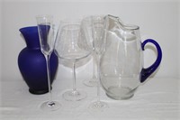Cobalt Blue 9" vase, crystal 11" jug with applied